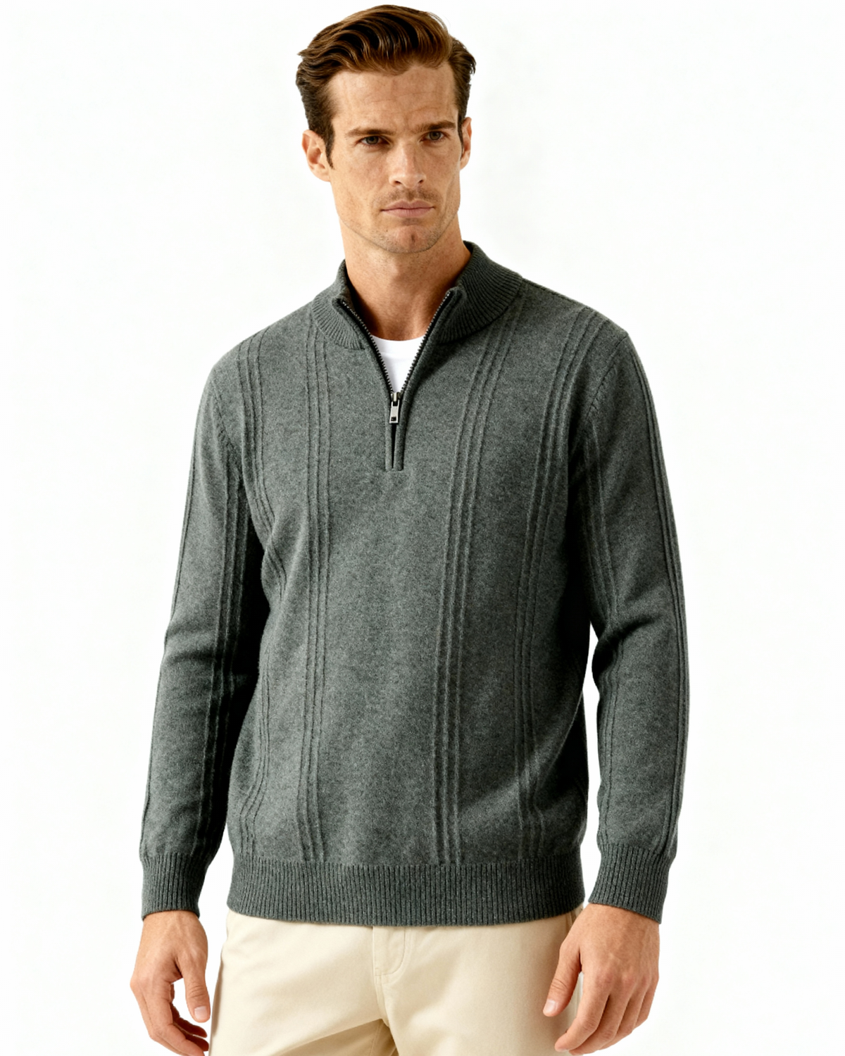 Men's Ribbed Knit Half-Zip Sweater with Stand Collar