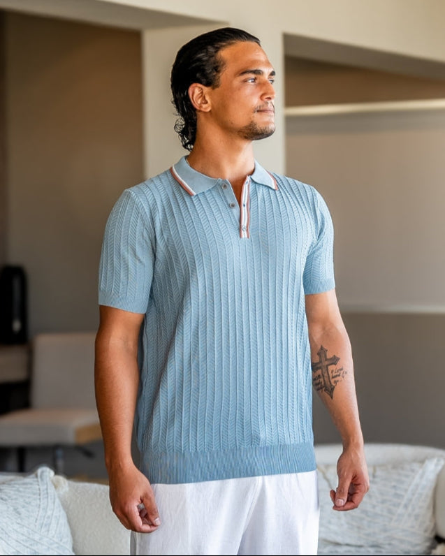 Men's Ribbed Knit Polo Shirt with Contrast Piping