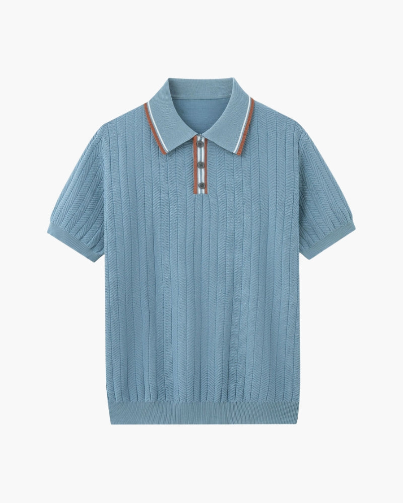 Men's Ribbed Knit Polo Shirt with Contrast Piping - Blue Gray