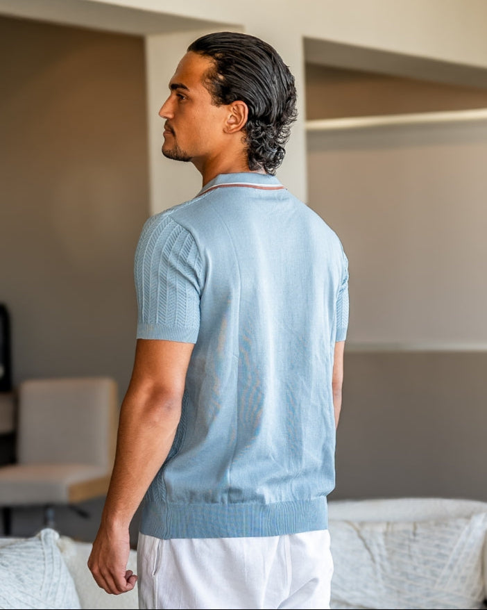 Men's Ribbed Knit Polo Shirt with Contrast Piping