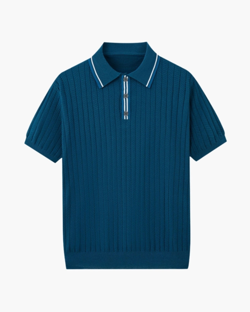 Men's Ribbed Knit Polo Shirt with Contrast Piping - Blue