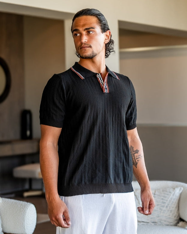 Men's Ribbed Knit Polo Shirt with Contrast Piping - Black