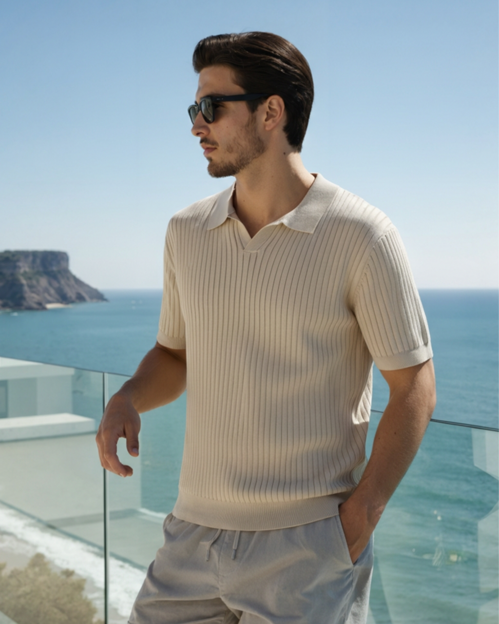 Men's Ribbed Knit Polo with Notched Open Collar