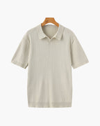 Men's Ribbed Knit Polo with Notched Open Collar - Beige