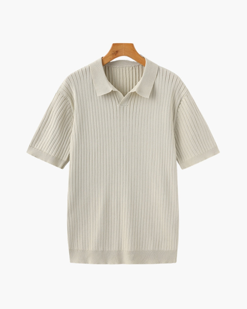 Men's Ribbed Knit Polo with Notched Open Collar - Beige