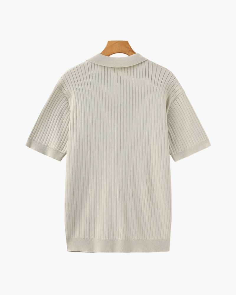 Men's Ribbed Knit Polo with Notched Open Collar
