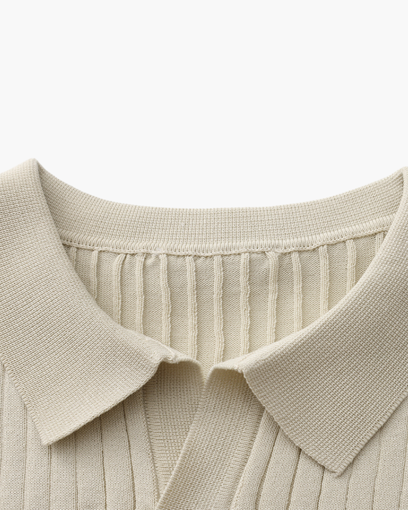 Men's Ribbed Knit Polo with Notched Open Collar