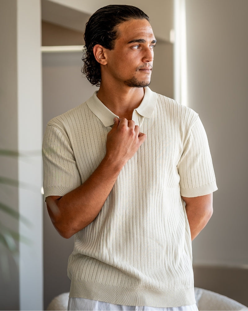 Men's Ribbed Knit Polo with Notched Open Collar