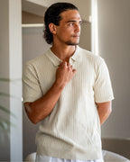 Men's Ribbed Knit Polo with Notched Open Collar