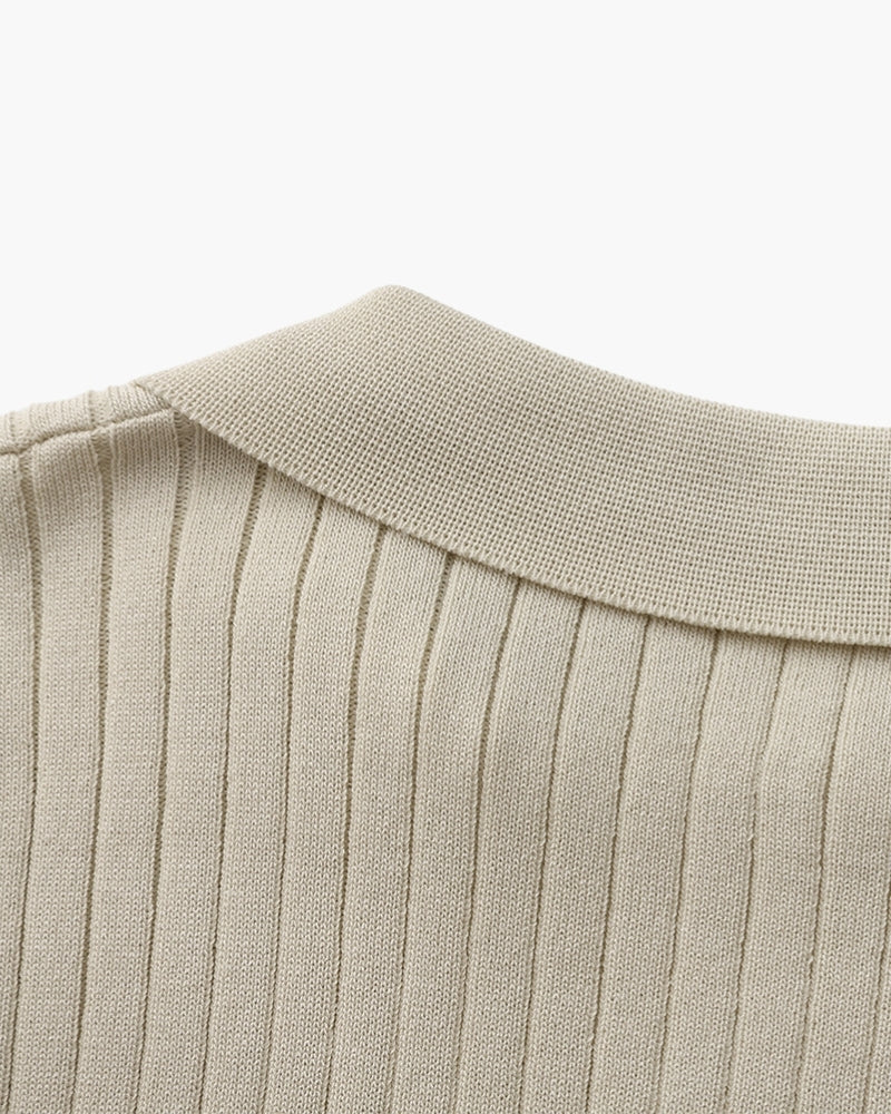 Men's Ribbed Knit Polo with Notched Open Collar