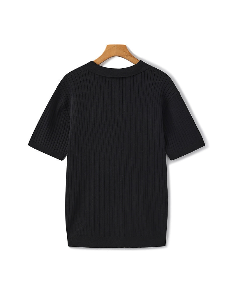 Men's Ribbed Knit Polo with Notched Open Collar