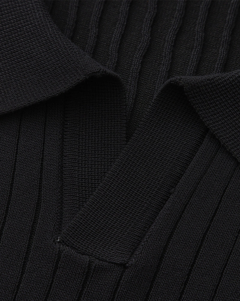 Men's Ribbed Knit Polo with Notched Open Collar