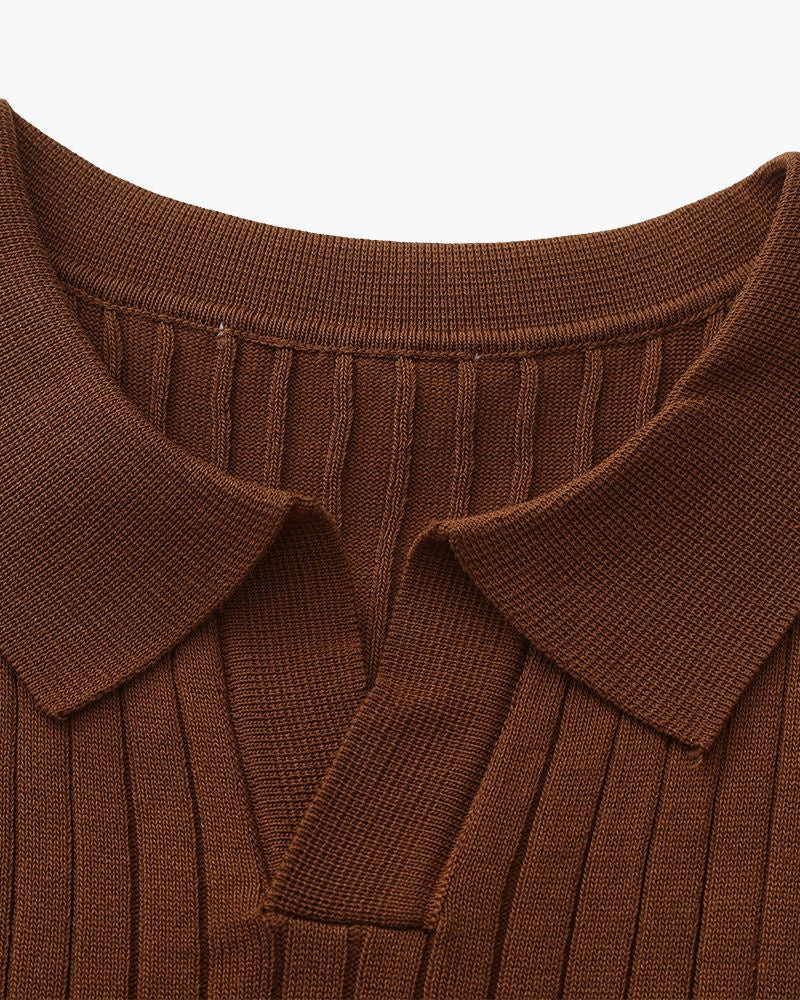 Men's Ribbed Knit Polo with Notched Open Collar