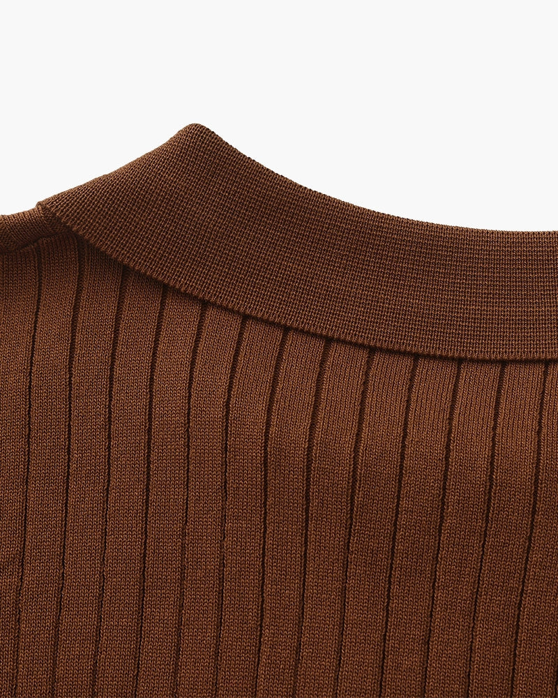 Men's Ribbed Knit Polo with Notched Open Collar