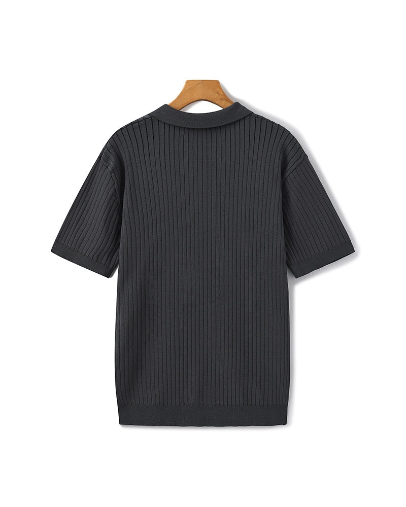 Men's Ribbed Knit Polo with Notched Open Collar