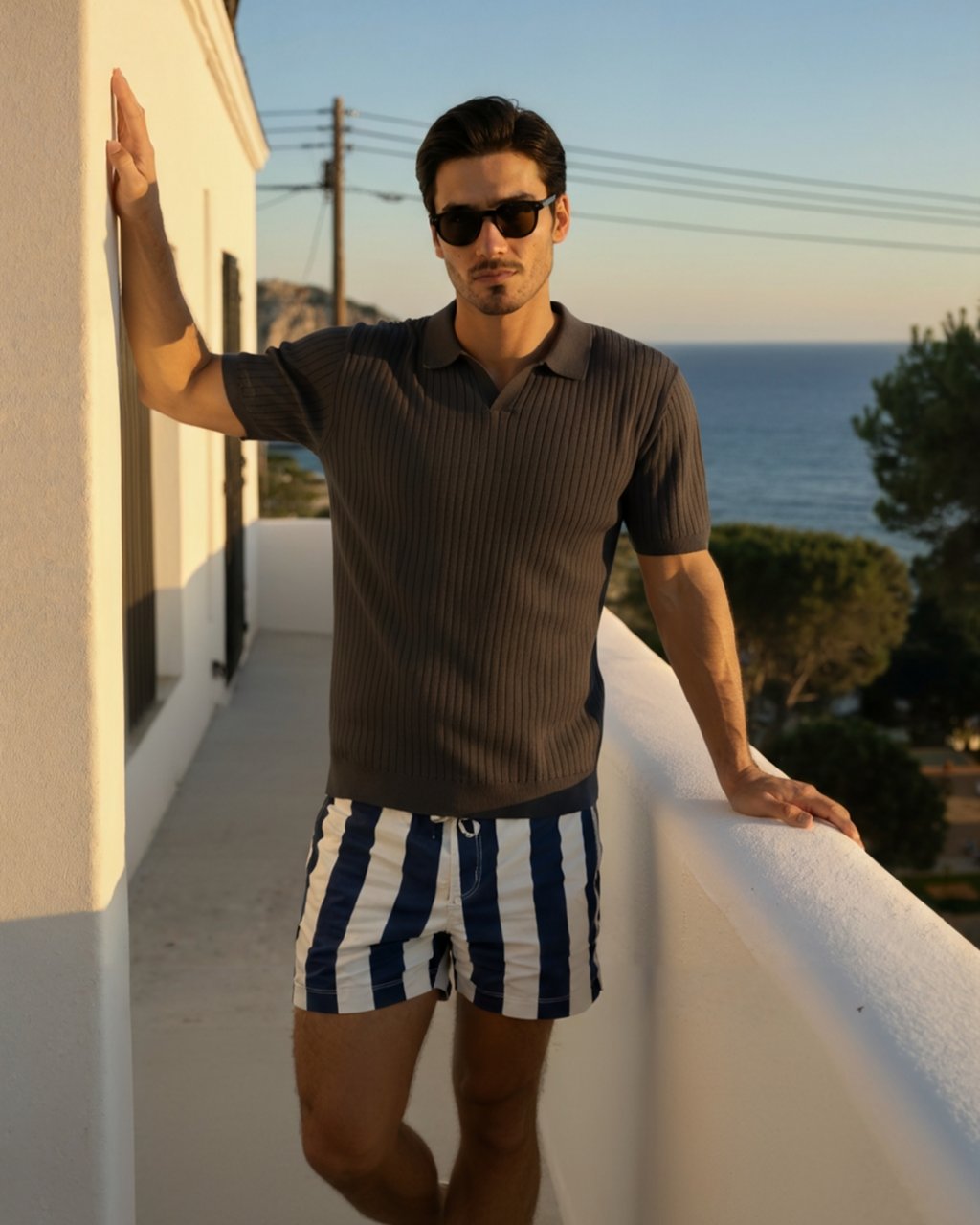 Men's Ribbed Knit Polo with Notched Open Collar
