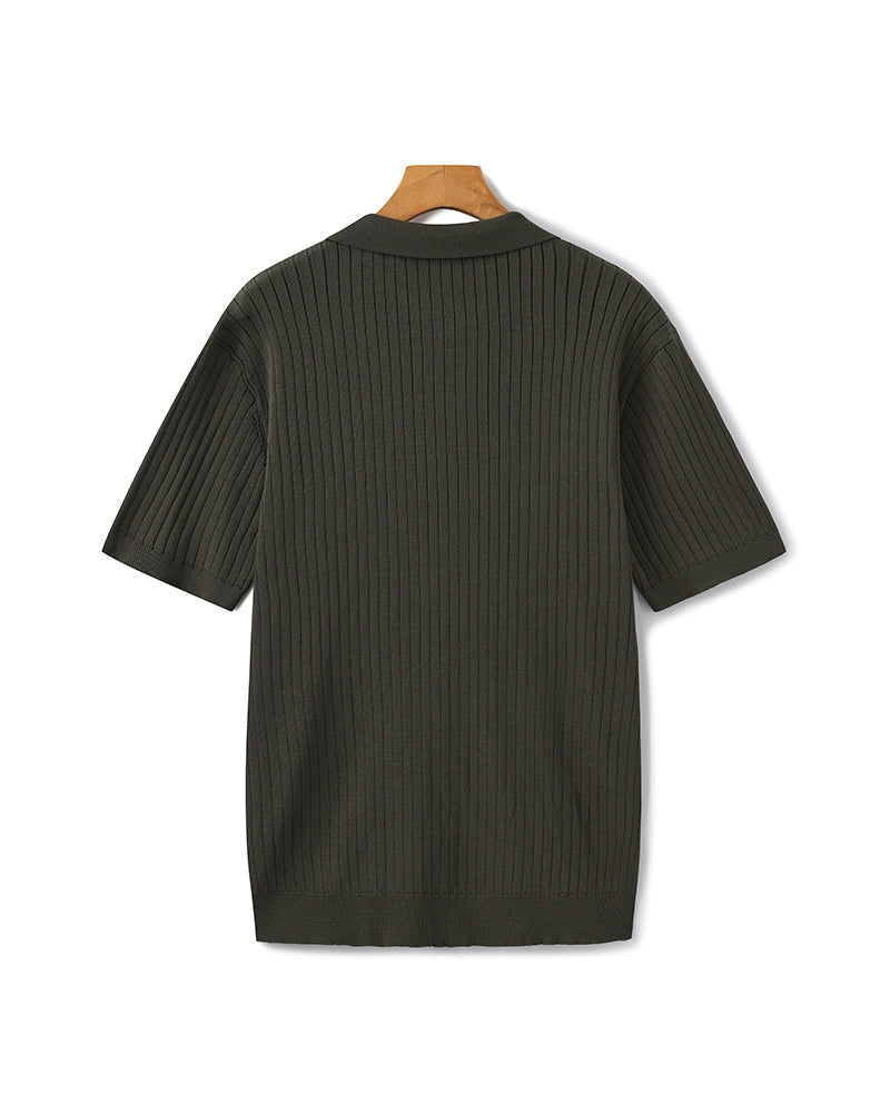 Men's Ribbed Knit Polo with Notched Open Collar