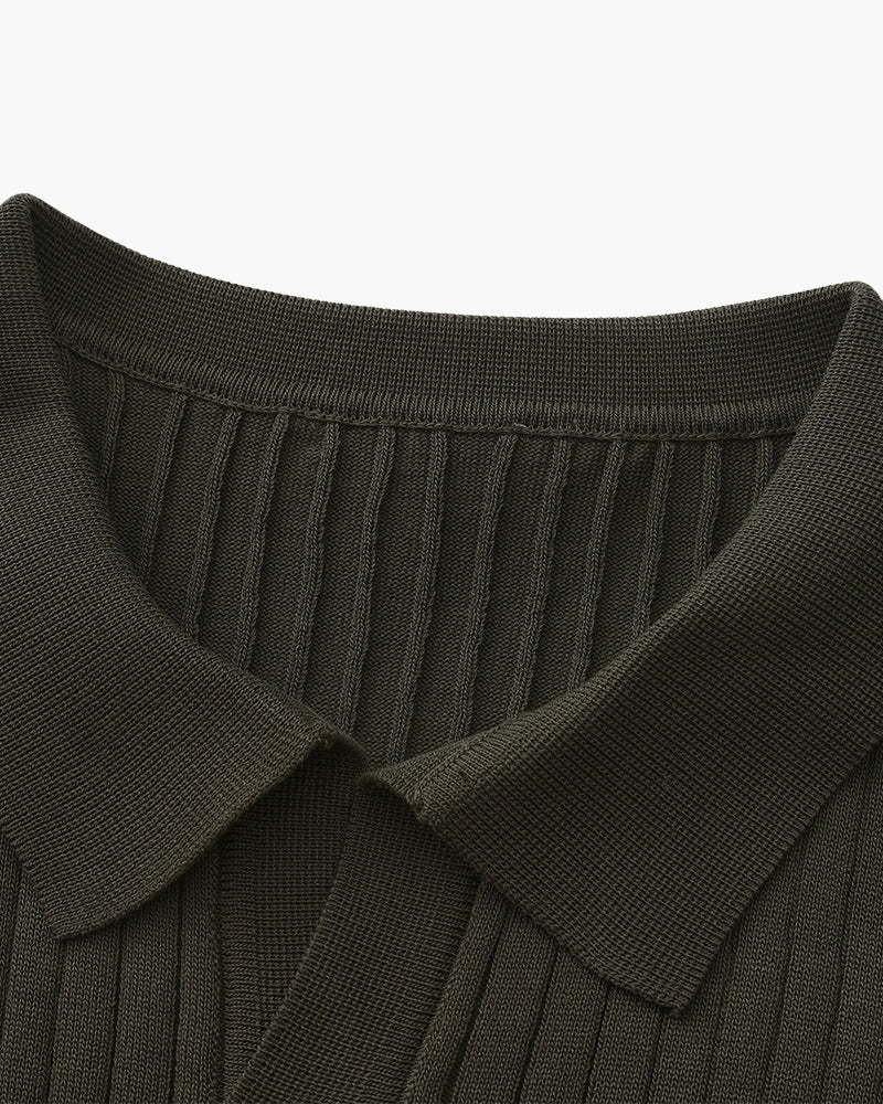 Men's Ribbed Knit Polo with Notched Open Collar