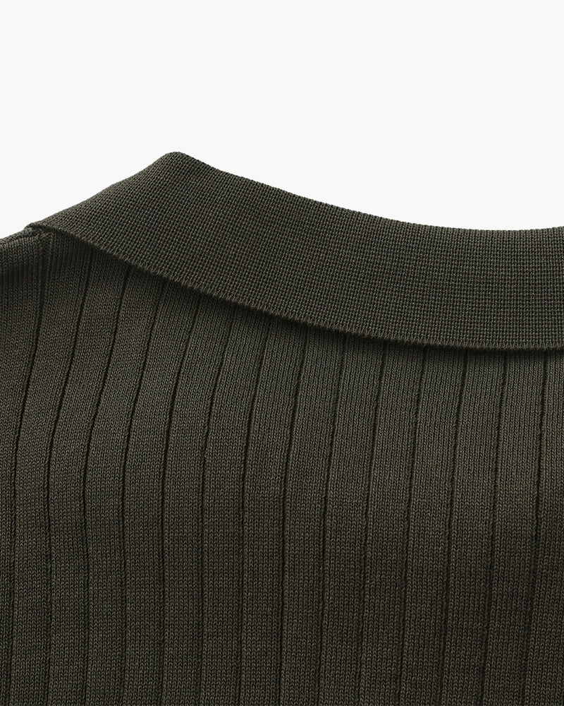 Men's Ribbed Knit Polo with Notched Open Collar