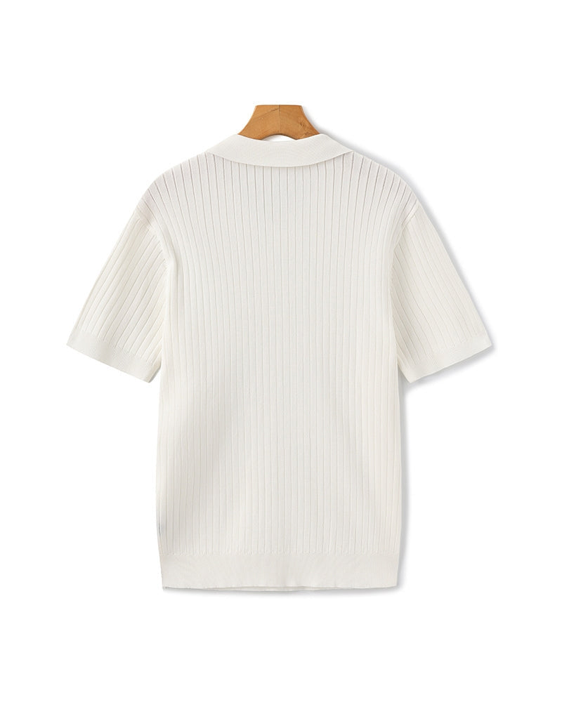 Men's Ribbed Knit Polo with Notched Open Collar