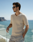 Men's Ribbed Knit Polo with Notched Open Collar