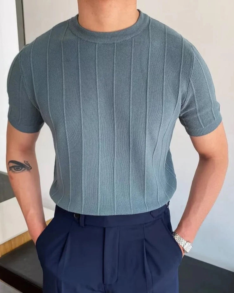 Men's Ribbed Knit Short Sleeve T-Shirt with Crew Neck - Blue