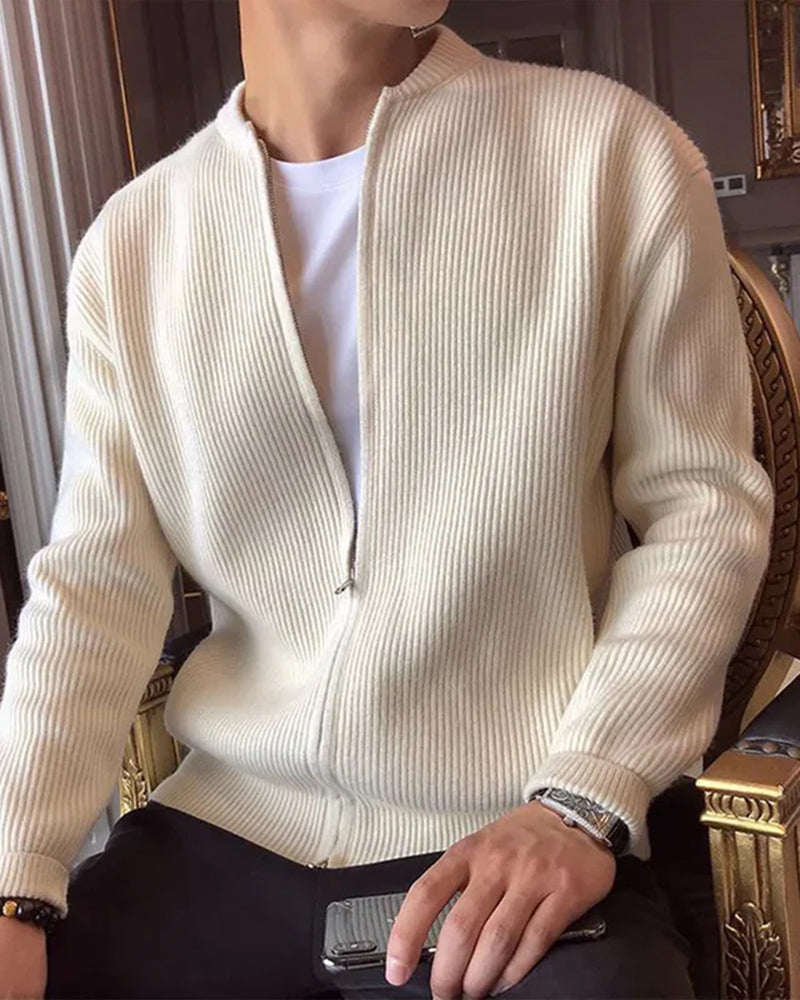 Men's Ribbed Knit Zip Cardigan Vest with Collar