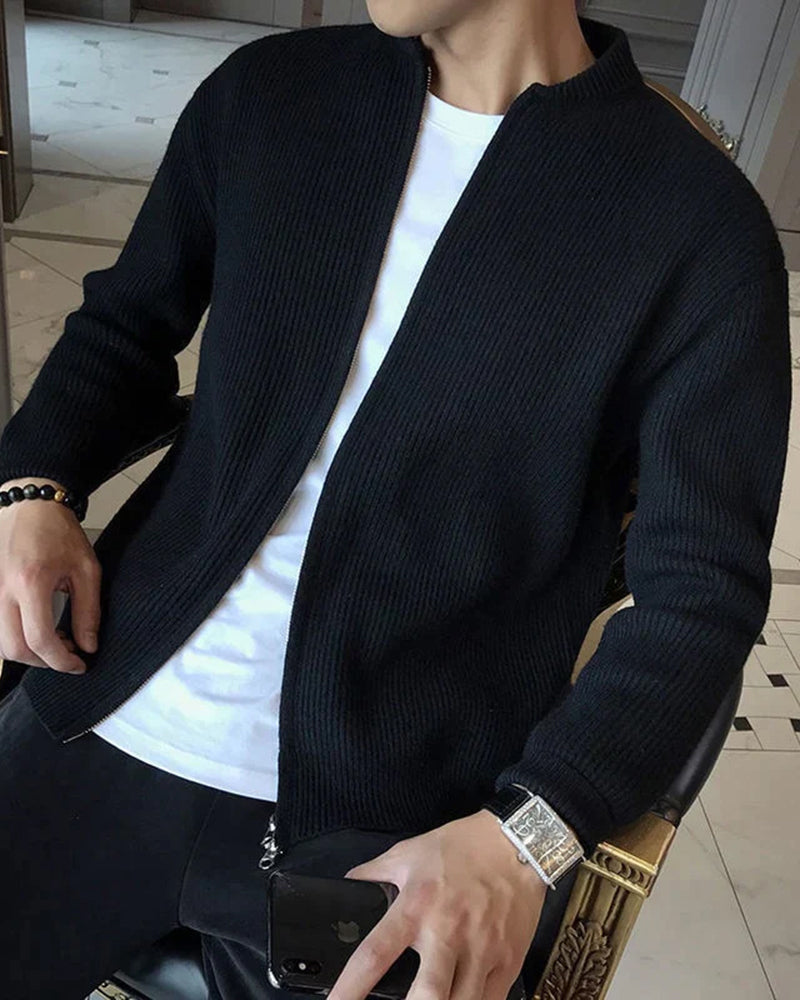 Men's Ribbed Knit Zip Cardigan Vest with Collar
