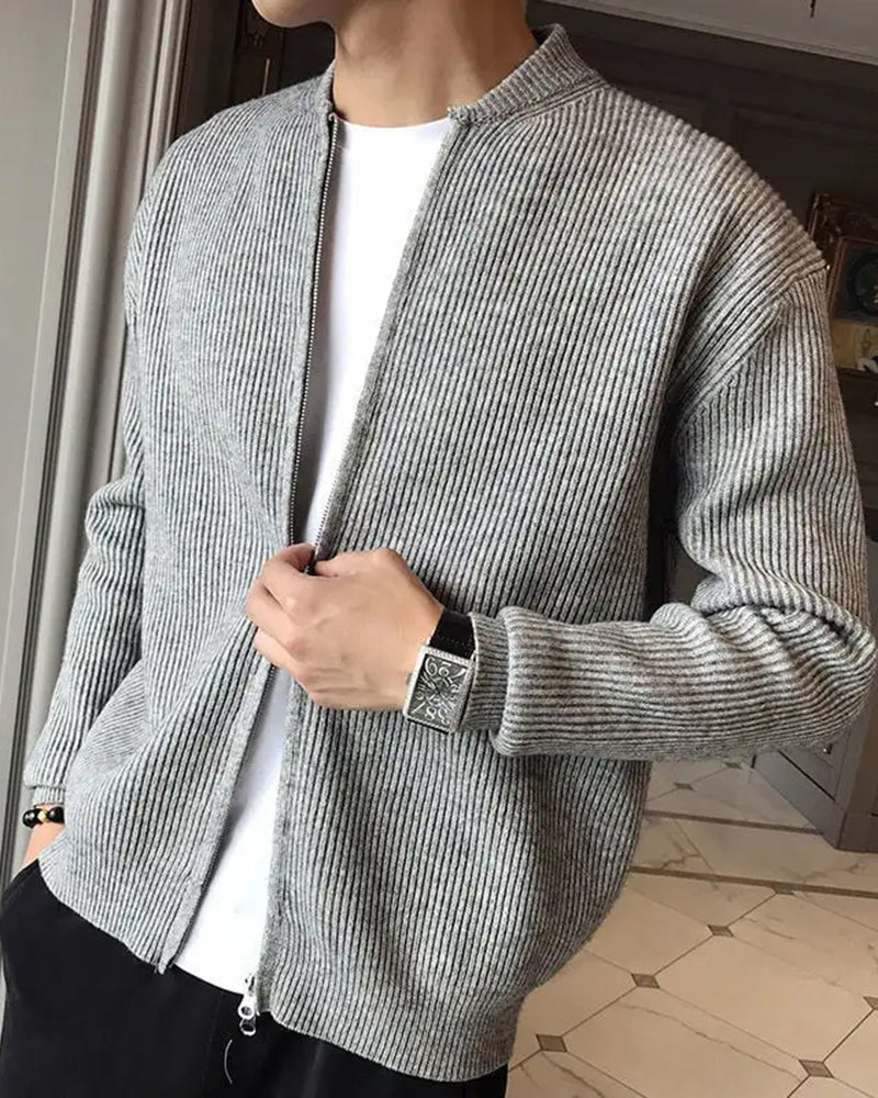 Men's Ribbed Knit Zip Cardigan Vest with Collar