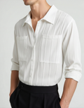 Men's Ribbed Long Sleeve Shirt with Double Chest Pockets - White
