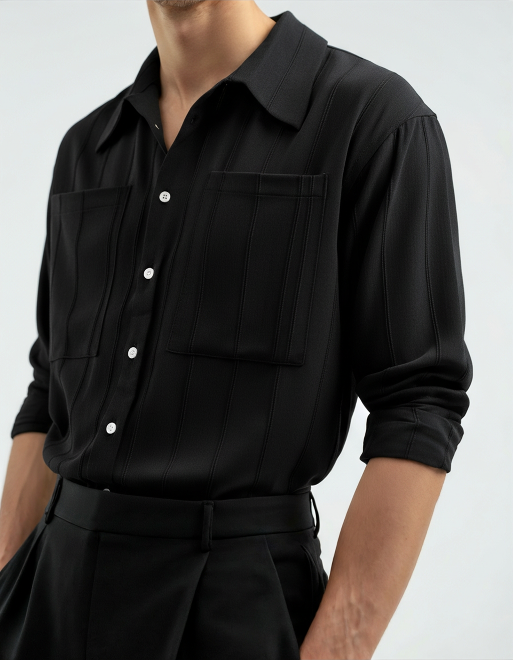 Men's Ribbed Long Sleeve Shirt with Double Chest Pockets