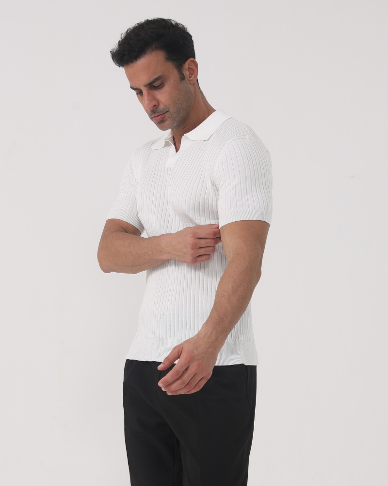 Men's Ribbed Open Collar Short Sleeve Knit Polo