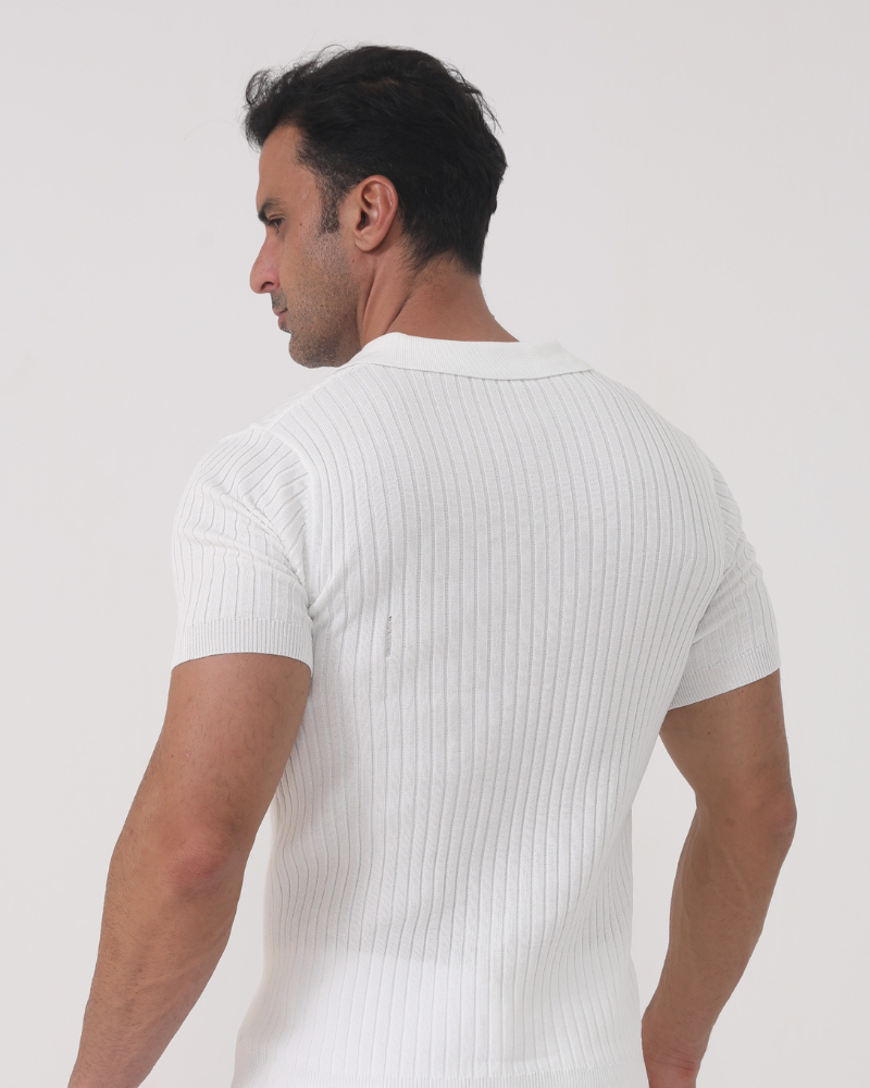 Men's Ribbed Open Collar Short Sleeve Knit Polo