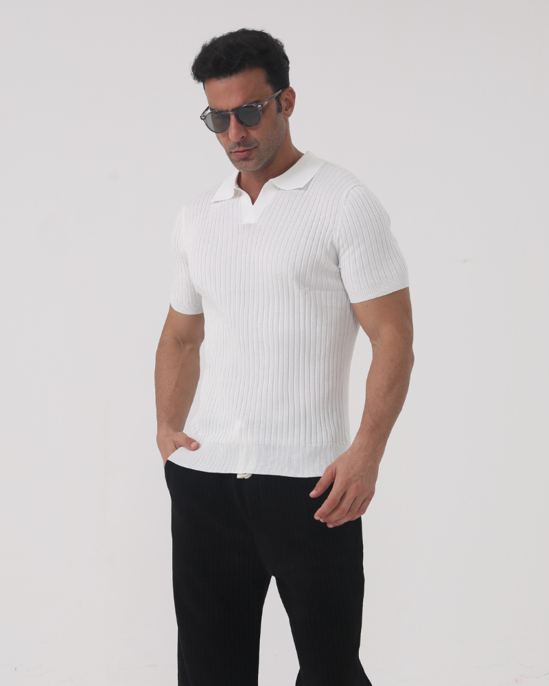 Men's Ribbed Open Collar Short Sleeve Knit Polo