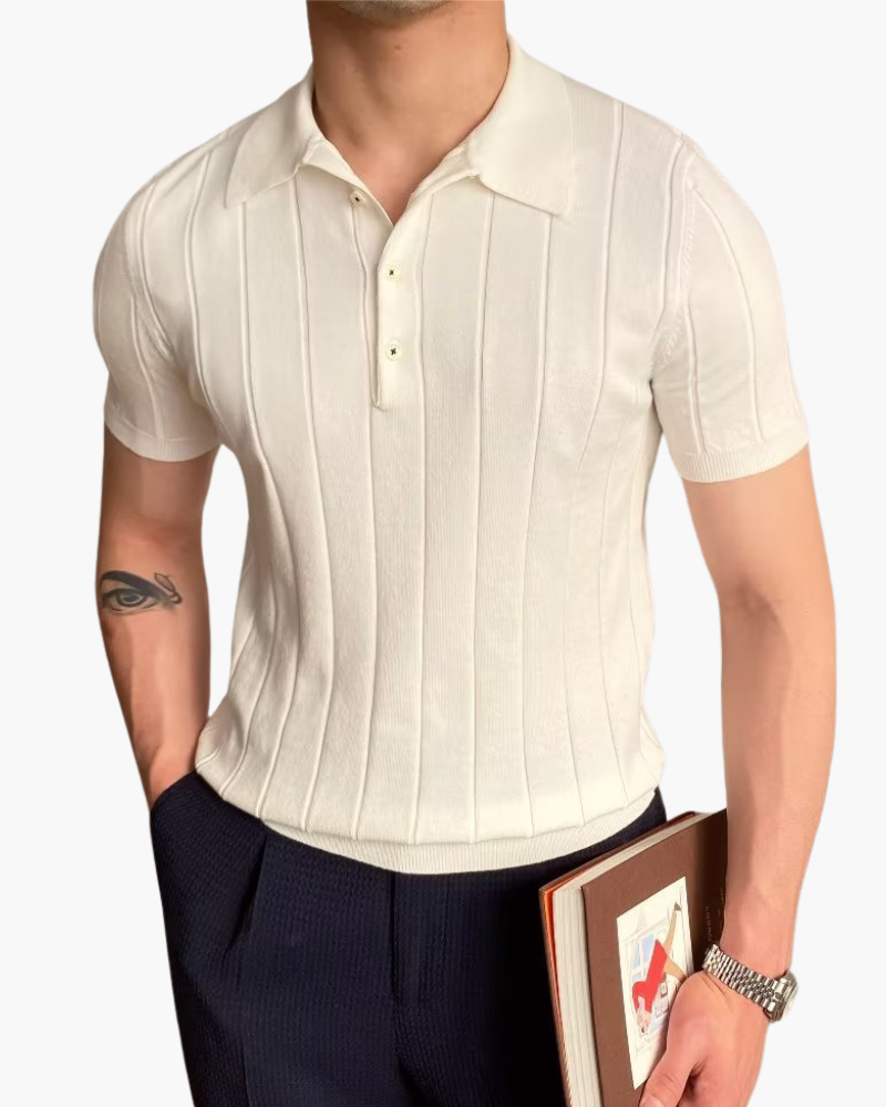 Men's Ribbed Short Sleeve Polo Shirt with Slim Fit - White