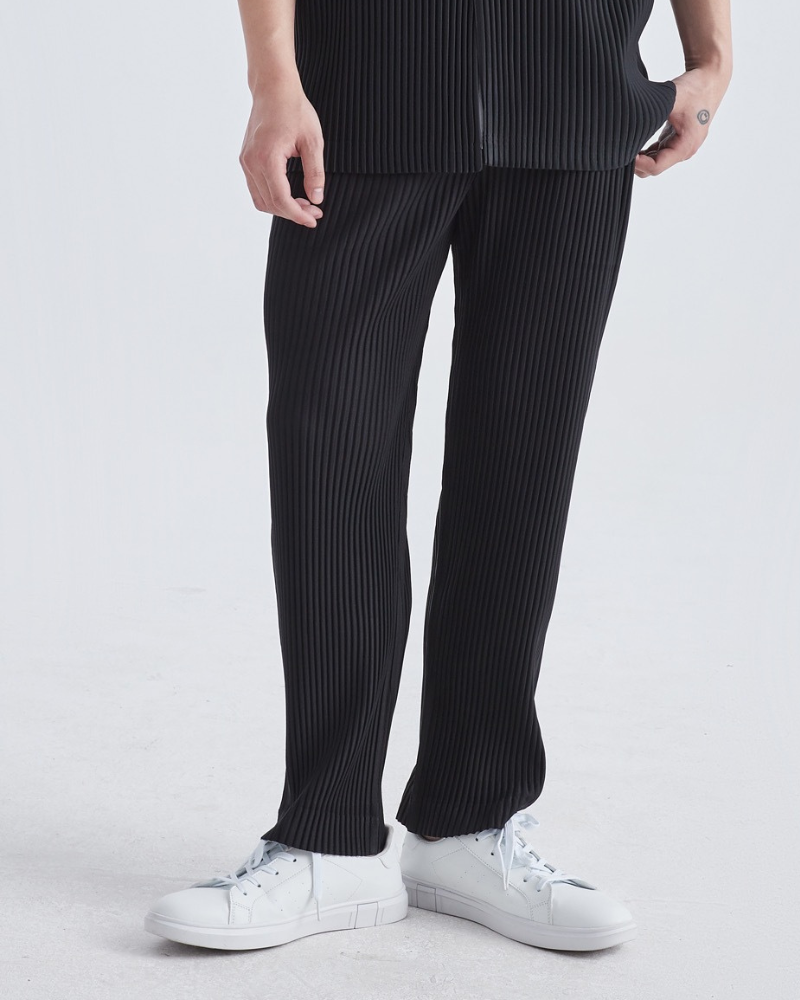 Men's Ribbed Wide Leg Trousers with Elasticated Waist - Black