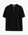 Men's Ribbed Zip Polo Shirt with Short Sleeves - Black