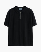 Men's Ribbed Zip Polo Shirt with Short Sleeves - Black