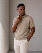 Men's Short Sleeve Knit Zip Polo Shirt with Collar