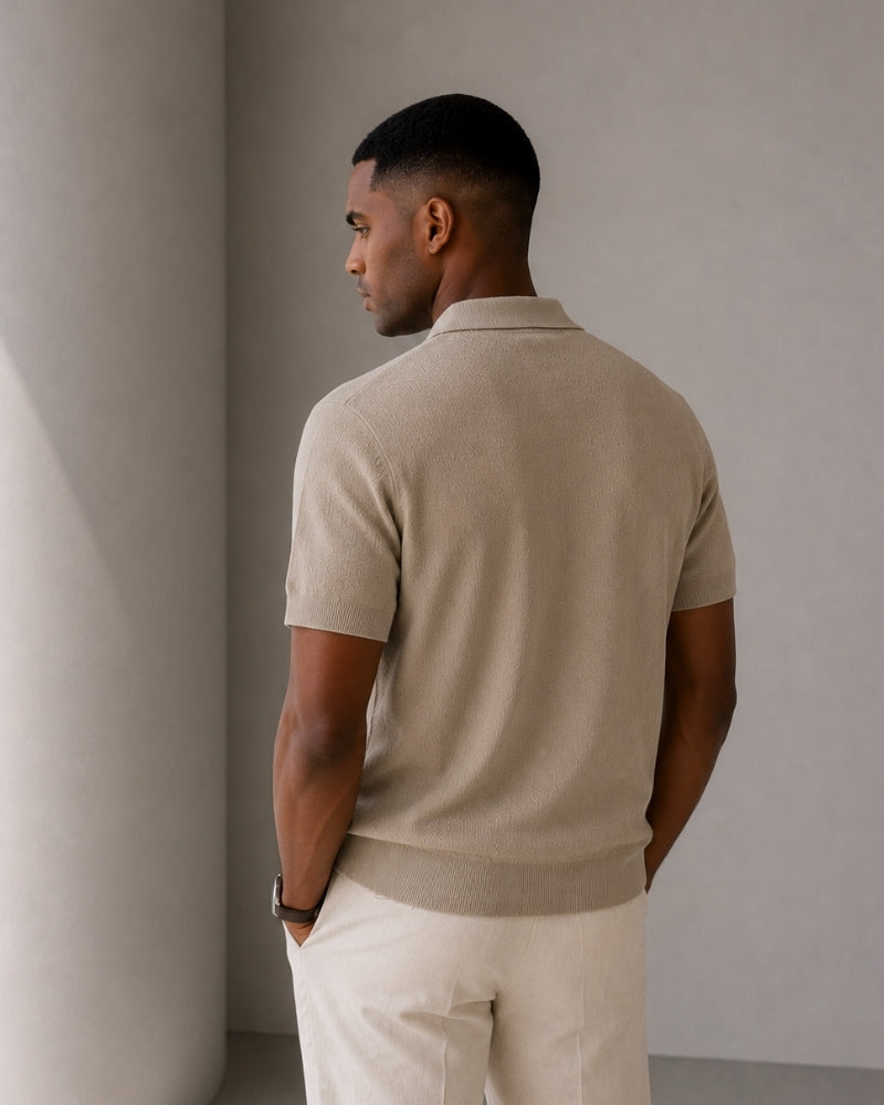 Men's Short Sleeve Knit Zip Polo Shirt with Collar