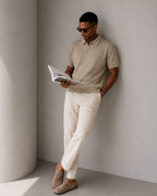 Men's Short Sleeve Knit Zip Polo Shirt with Collar