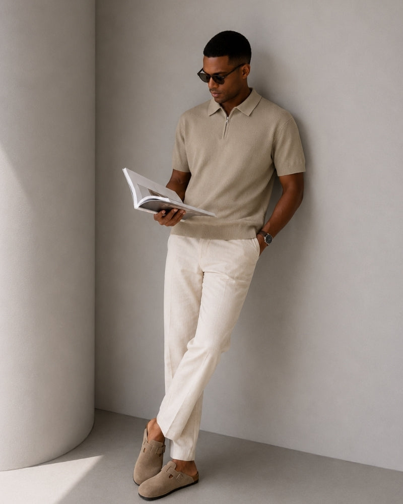 Men's Short Sleeve Knit Zip Polo Shirt with Collar