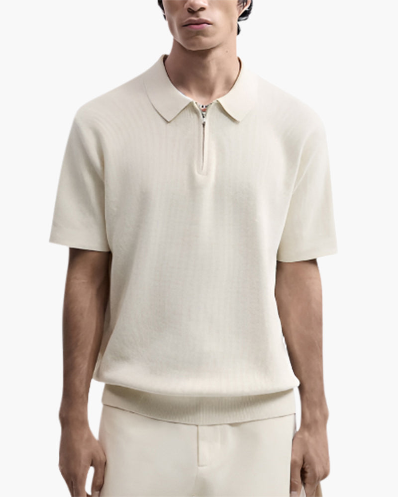 Men's Short Sleeve Knit Zip Polo Shirt with Collar