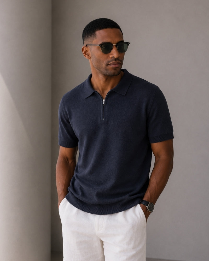 Men's Short Sleeve Knit Zip Polo Shirt with Collar