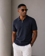 Men's Short Sleeve Knit Zip Polo Shirt with Collar