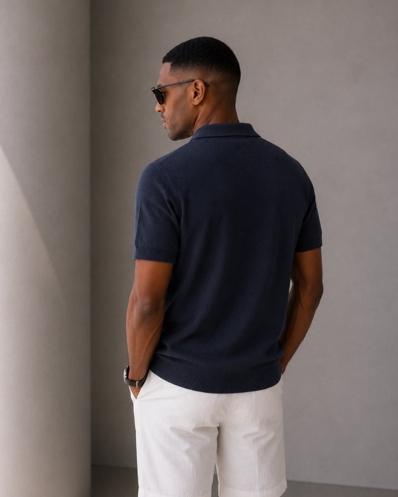 Men's Short Sleeve Knit Zip Polo Shirt with Collar