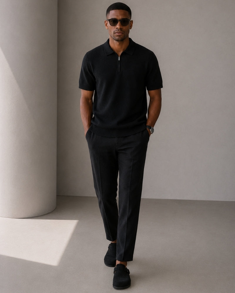 Men's Short Sleeve Knit Zip Polo Shirt with Collar