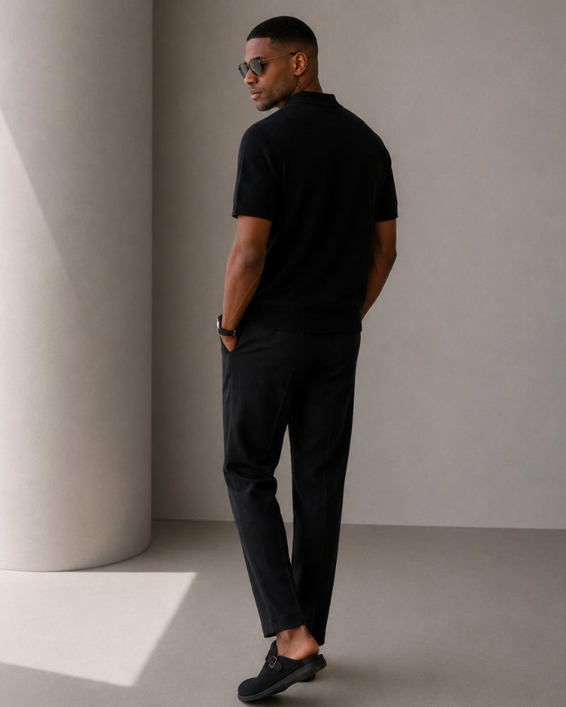 Men's Short Sleeve Knit Zip Polo Shirt with Collar