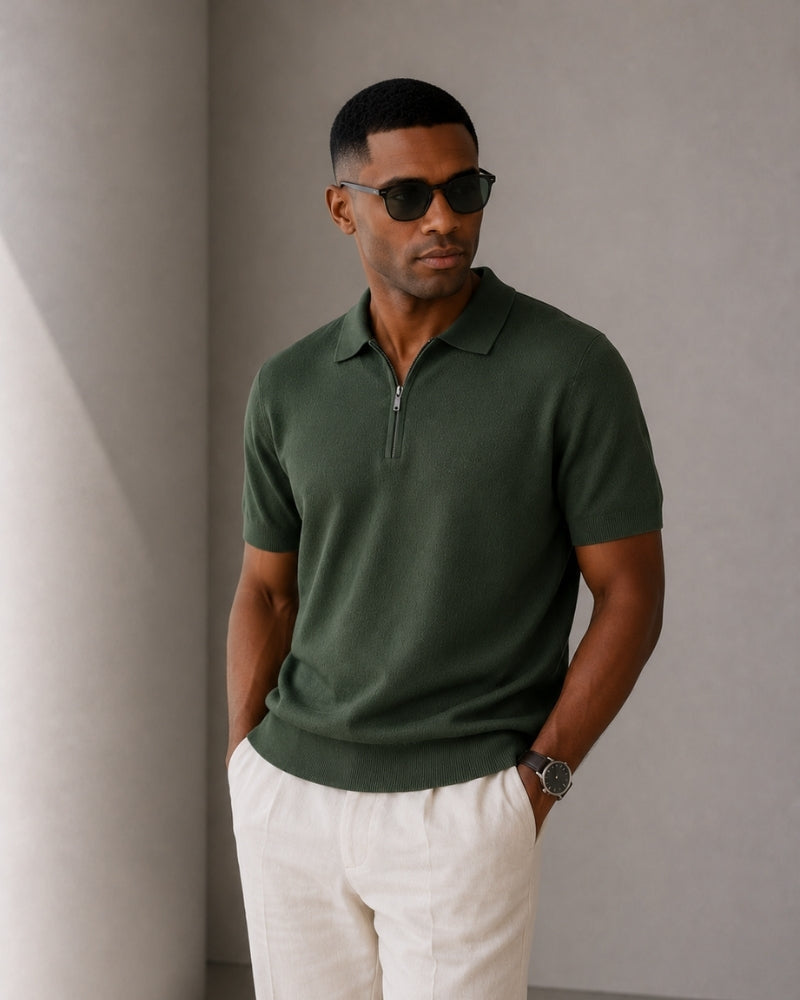 Men's Short Sleeve Knit Zip Polo Shirt with Collar