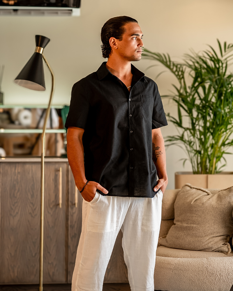 Men's Short Sleeve Linen-Look Shirt with Camp Collar